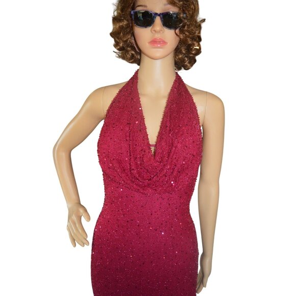 The Vintage Shop Wine Red Beaded Halter Sheath Holiday Ball Gown Womens Size S - Picture 2 of 7